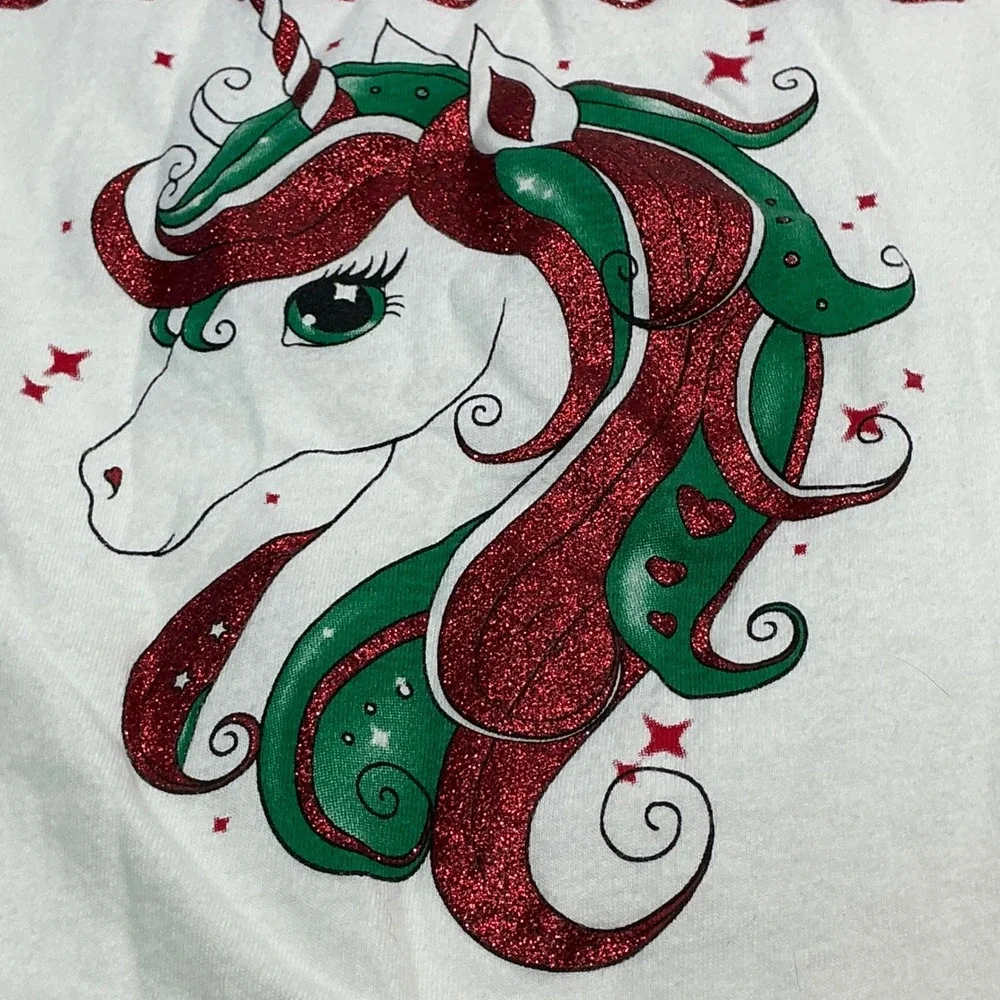 The Children's Place White Graphic Tee Kids Size 10/12 Santa Unicorn Glitter